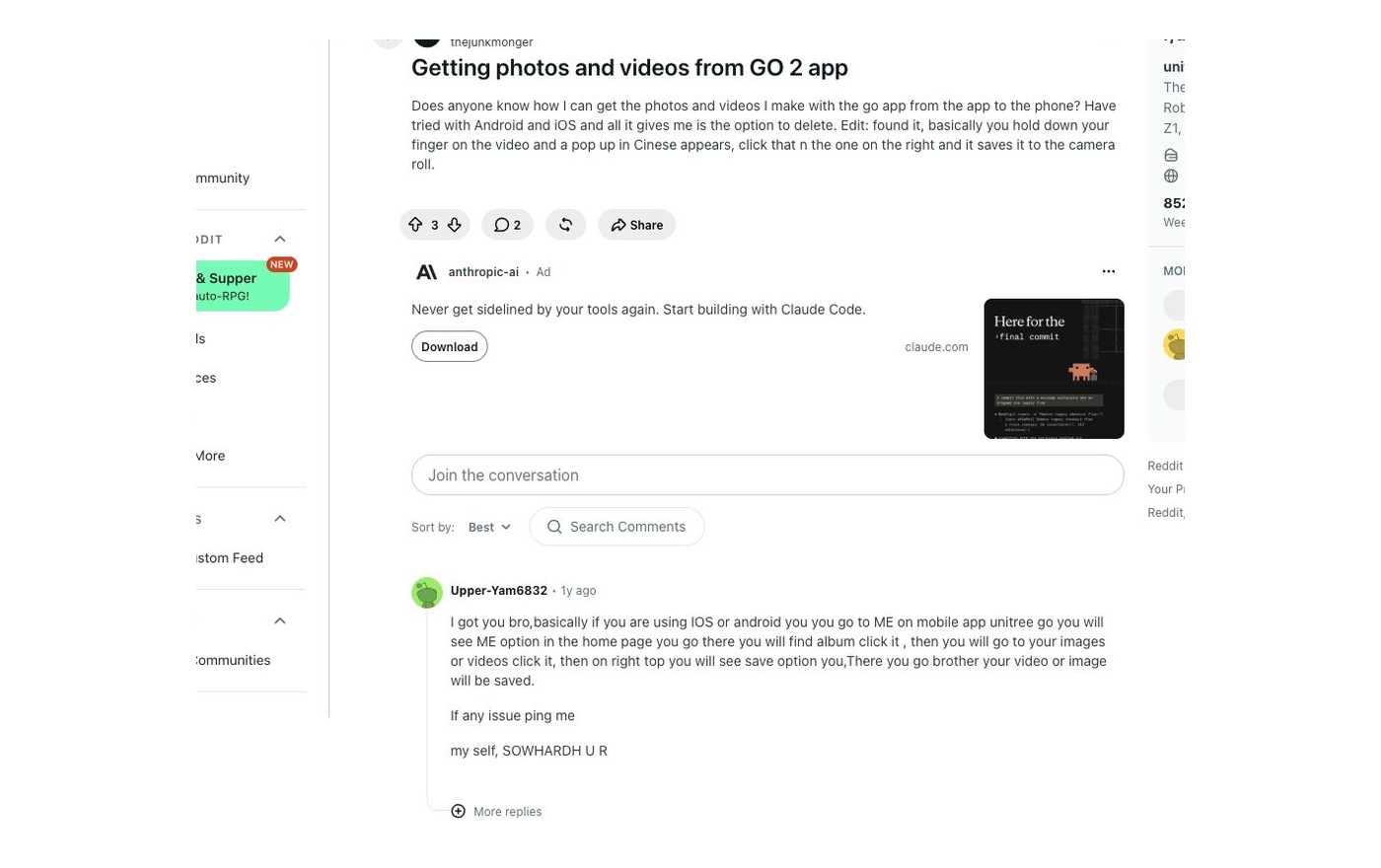 Reddit用户询问如何把Go2 App照片和视频保存到手机