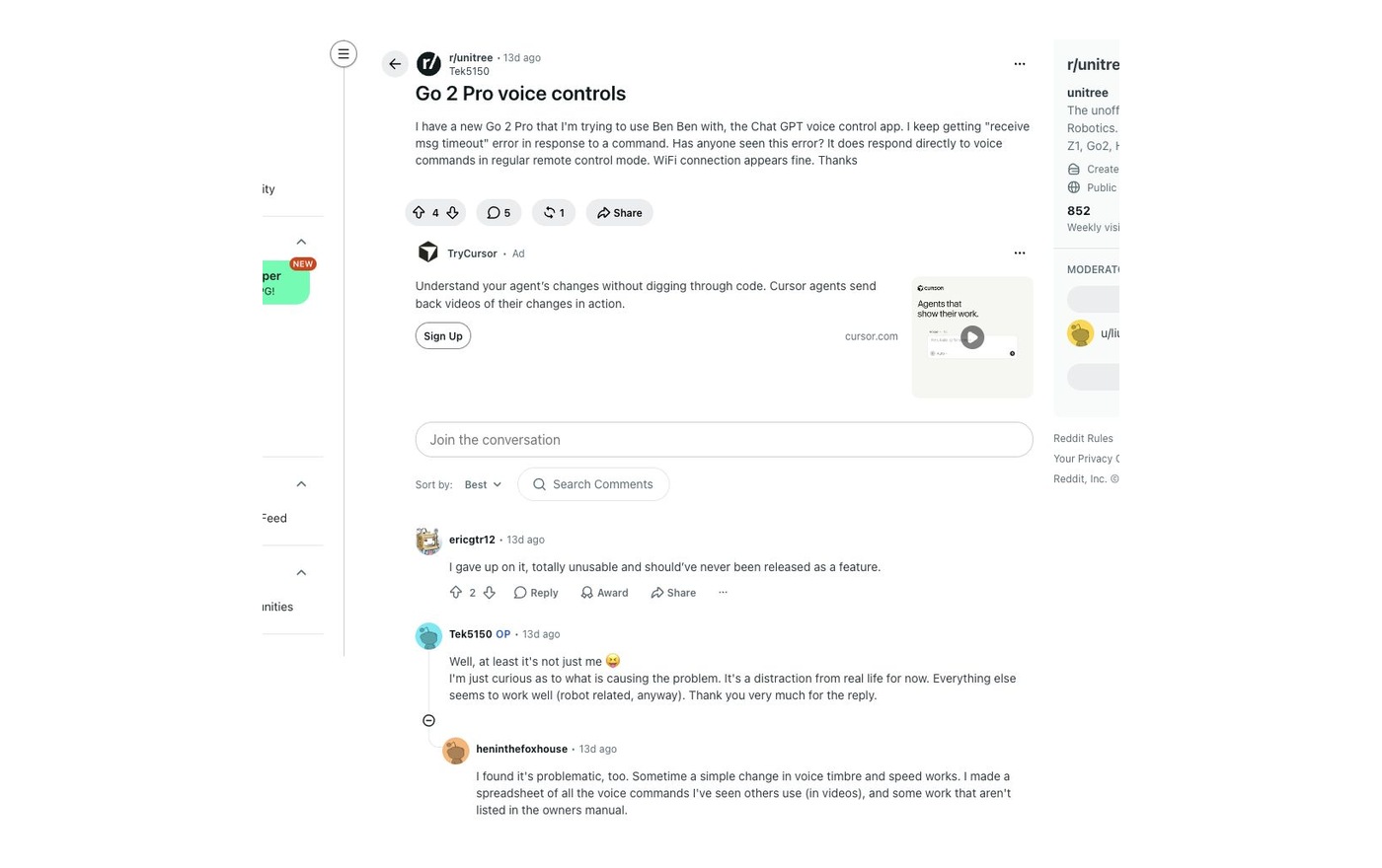 Reddit用户反馈Go2 Pro语音控制不可靠